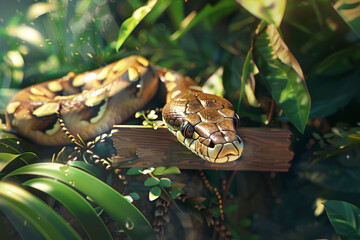 Naklejka premium Beautiful close-up reptile snake in mystical fairy tale forest, postcard, banner, symbol of the new year 2025