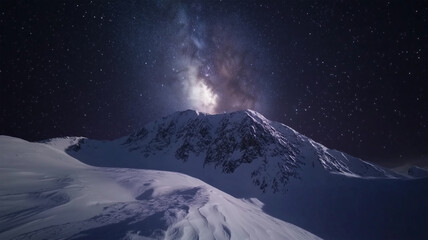 星空と雪山が織り成す夜の幻想的な冬の絶景