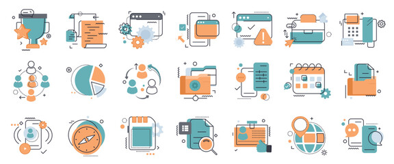 Business and marketing, programming, data management, internet connection, social network, computing, information. Thin line blue icons set. Flat vector illustration