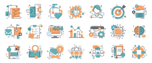 Fototapeta premium Business and marketing, programming, data management, internet connection, social network, computing, information. Thin line blue icons set. Flat vector illustration