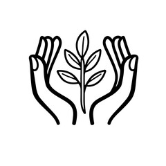Obraz premium Vector hands protecting a small plant icon in outline style representing environmental care