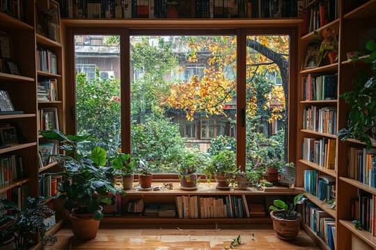 Fototapeta A view from a desk cluttered with plants out a window into a rainy city