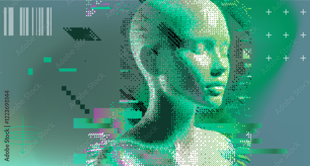 Poster glitched and pixelated human face on a green background. futuristic neo-brutalist vector illustratio