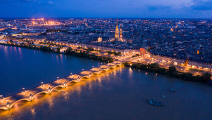 Obraz premium Night aerial view of historic centre of Bordeaux. France