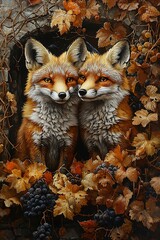 Obraz premium Painting a pair foxes sneaking through a vineyard, their coats blending with the autumn leaves