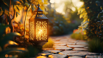 Ramadan lantern with warm glow for celebrating Eid Mubarak