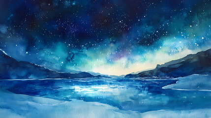 Naklejka premium Mystical aurora borealis above icelands glacial lagoons, vivid watercolor streaks in a starry night sky. Starry Lagoon. Illustration