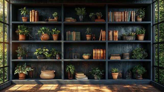 A cozy minimalist home decor shelf showcasing houseplants and books, perfect as a zoom virtual background and living room backdrop for virtual meetings, with a deep and sophisticated aesthetic