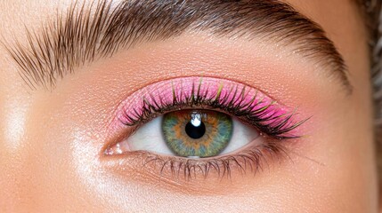 Obraz premium Close-up of a woman's eye with pink eyeshadow. Beauty, makeup, cosmetics