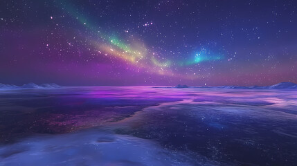 Fototapeta premium Northern lights dancing across a starry sky above a frozen lake, with the colorful lights reflecting off the ice and snow. hyperrealistic photo. Starry Lagoon. Illustration