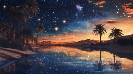 Starry night reflecting in a desert oasis, starry oasis, tranquil and cosmic. starlit lagoon. illustration. Starry Lagoon. Illustration