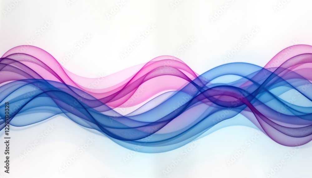 Poster Abstract design featuring flowing dynamic waves. Colorful blue, pink curves create smooth pattern. Soft gradient colors make futuristic illustration. Rippled effect gives sense of motion. Waves seem