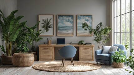 Scenic Online ocean room webinar Zoom meeting interior home office computer desk virtual tropical background for teams video calls backdrop. Created using Stock