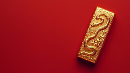 Chinese gold ingot or bar with snake engraving on a red background with copy space. Chinese lunar new year, year of the snake concept.