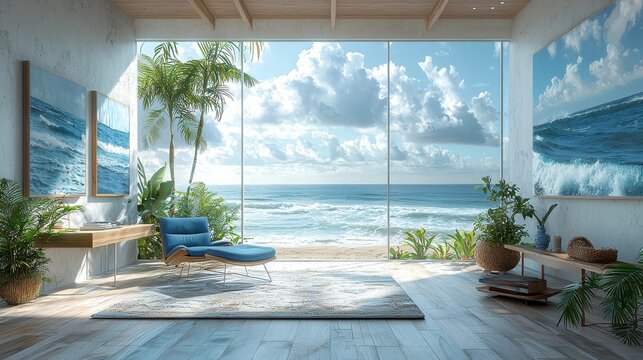 Scenic beach ocean background used for online webinar meetings, featuring a retirement home office space with a computer desk and study room, all set against a window view, perfect as a backdrop for