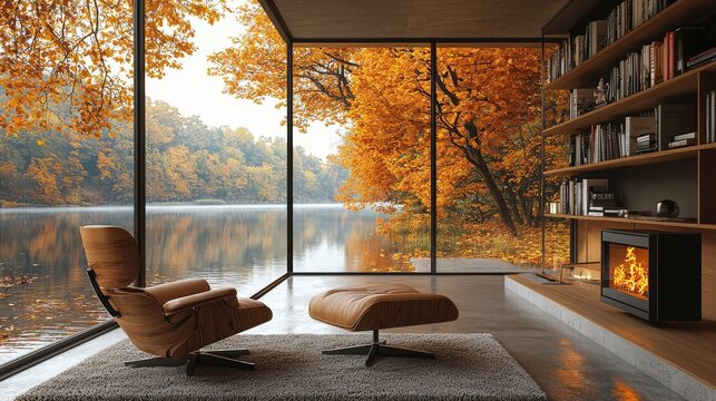 A virtual meeting space featuring a scenic Fall lake view, ideal for online webinars, teams meetings, home office setup with a bookshelf, and a window backdrop
