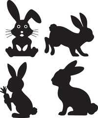 Silhouettes of Cute Easter Bunnies in Various Poses Isolated on White Background
