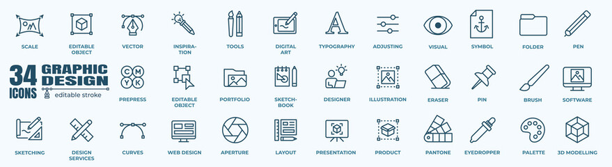 Graphic Design line icon set. Containing web design, tools, illustration, portfolio, website, curves, sketch, designer, print and more. Solid icons template vector collection.