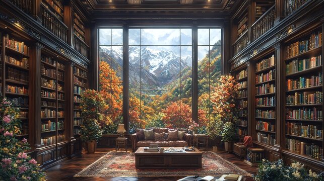 Mountains and trees bookshelf background with windows for a virtual retirement study room, suitable for webinar online video calls and presentation teams meetings, scenic home office backdrop