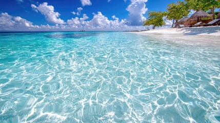 Fototapeta premium Tropical beach paradise Clear water, white sand, palm trees, and thatched huts. Perfect for travel brochures
