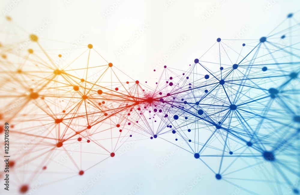 Poster Abstract network structure of interconnected nodes. Colorful network lines connect points forming dynamic pattern. Complex web shows connections in data flow. Modern tech illustration shows intricate