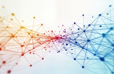 Abstract network structure of interconnected nodes. Colorful network lines connect points forming dynamic pattern. Complex web shows connections in data flow. Modern tech illustration shows intricate