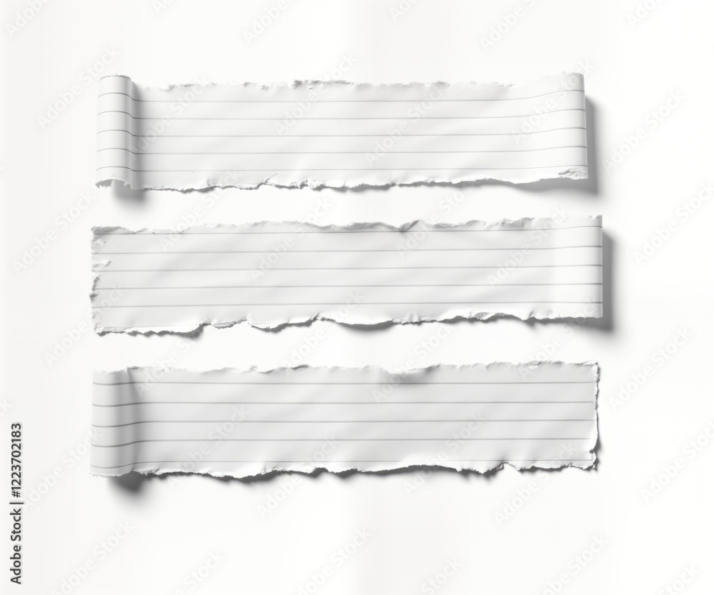 Poster Three torn pieces of lined paper on transparent background. Ripped edges, rolled edges. Simple design. Suitable for various creative projects. Perfect for backgrounds templates. Blank space for