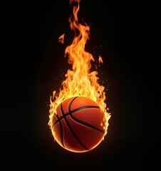 Fototapeta premium Fiery basketball on black backdrop. Orange ball engulfed in flames. Abstract illustration highlights sport, competition. Image evokes intense energy, dynamic power. Perfect for sport themes digital