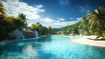 Obraz premium A breathtaking view of a tropical lagoon with a starry sky. Starry Lagoon. Illustration