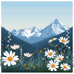Vector mountain landscape illustration with daisy flowers and scenic view