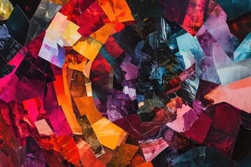 A colorful collage of paper pieces with a circular shape. The colors are bright and vibrant, creating a sense of energy and excitement. The piece seems to be a work of art