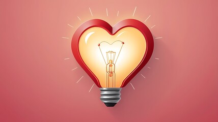 Heart-shaped light bulb glowing with warm light, innovative design, vector icon, 3D rendering.