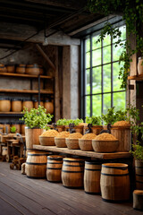 A row of wooden barrels filled with different types of food