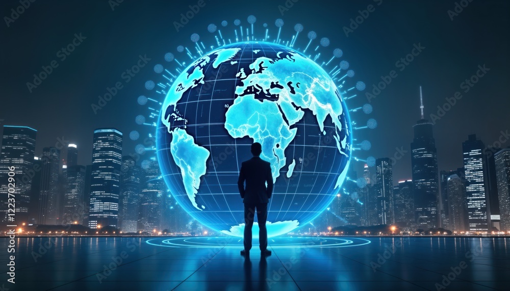 Poster businessman stands in modern city at night. global tech hologram with virus imagery surrounds planet