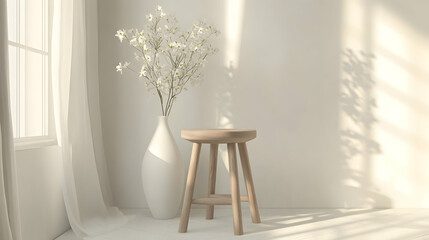 White Bedroom Interior with Flowers on a Wooden Stool and Minimalist Decor