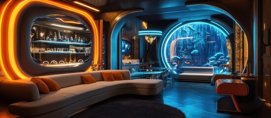 Fototapeta premium Futuristic Lounge: Neon Lights and Underwater Views