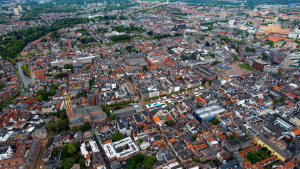 A wide aerial panorama shot around the old town of the city Groningen on a sunny summer day in the Netherlands 