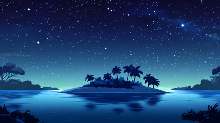 A serene tropical island under a starry sky, surrounded by clear blue waters, perfect for relaxation and escape. Starry Lagoon. Illustration
