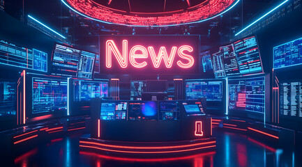 High-Tech Newsroom with Neon Screens and a Digital Control Center for Modern Broadcasting