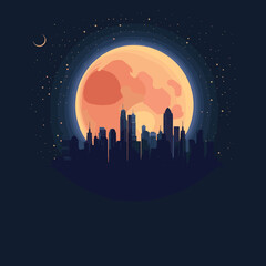 Vector city skyline illustration at night with a large moon and stars