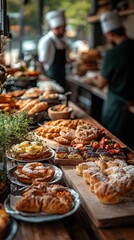 Fototapeta premium Gourmet breakfast spread on a rustic wooden table