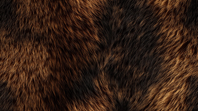 A seamless bear fur texture that is thick and coarse, featuring rich dark brown shades with ultra-detailed and photorealistic qualities. This natural texture captures the rugged and dense appearance o