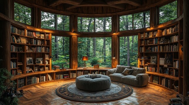 Interior home office library study with a picturesque bookshelf background and a view of trees and hills through the window. The room is filled with rustic wood bookshelves, creating a warm and