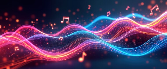 Abstract background design with vibrant colors. Dynamic wave patterns resemble musical notes. Visually striking composition. Suitable for music related design projects. Modern, artistic style.