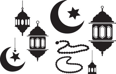 Islamic Symbols: Crescent Moon, Lanterns, Stars, and Prayer Beads Silhouettes
