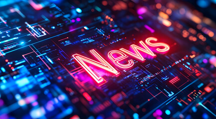 Futuristic Neon News Display with Digital Data Streams and Cyberpunk High-Tech Aesthetic