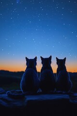 Three cats are sitting on a rock, looking up at the stars. The sky is dark and the stars are shining brightly