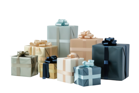 Colorful wrapped gifts arranged creatively on a light background, perfect for celebrations or special occasions isolated on transparent background