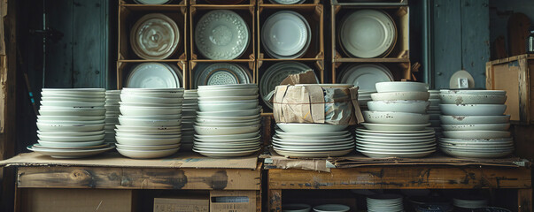 Stacked Plates and Bowls in Cardboard Boxes