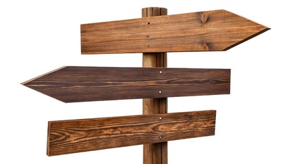 Fototapeta premium rustic wooden directional signs against a pure white background. The signs feature varying arrow configurations, one with a single arrow, another with two, and the last with three. Each sign is compos